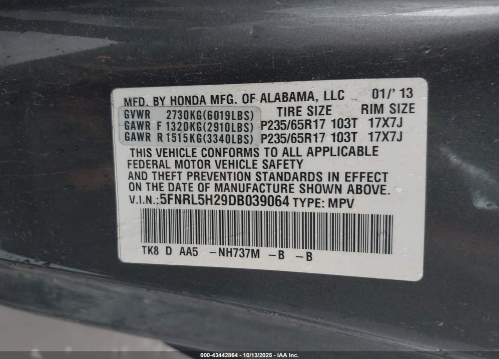 2013 HONDA ODYSSEY LX VIN: 5FNRL5H29DB039064