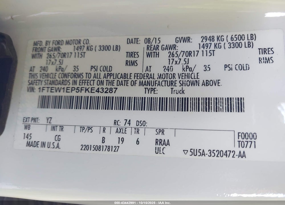 2015 FORD F-150 VIN: 1FTEW1EP5FKE43287