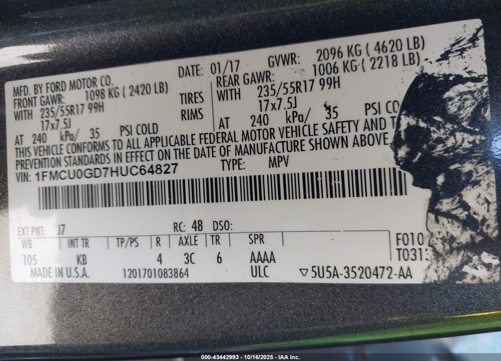 2017 FORD ESCAPE VIN: 1FMCU0GD7HUC64827