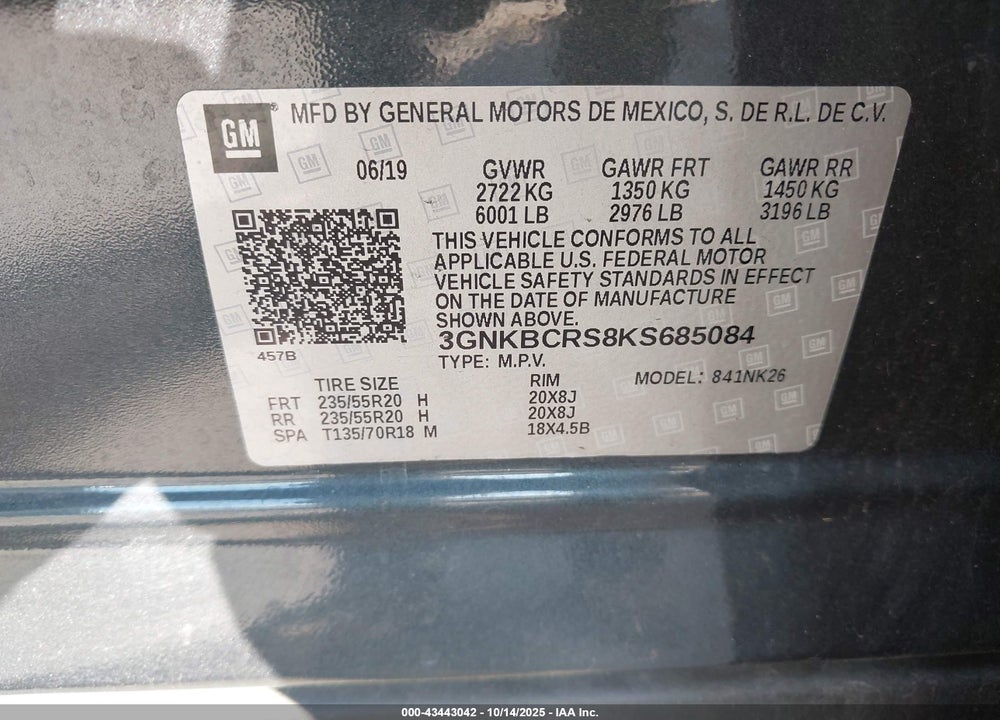 2019 CHEVROLET BLAZER VIN: 3GNKBCRS8KS685084