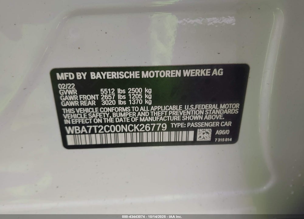 2022 BMW 740 I VIN: WBA7T2C00NCK26779