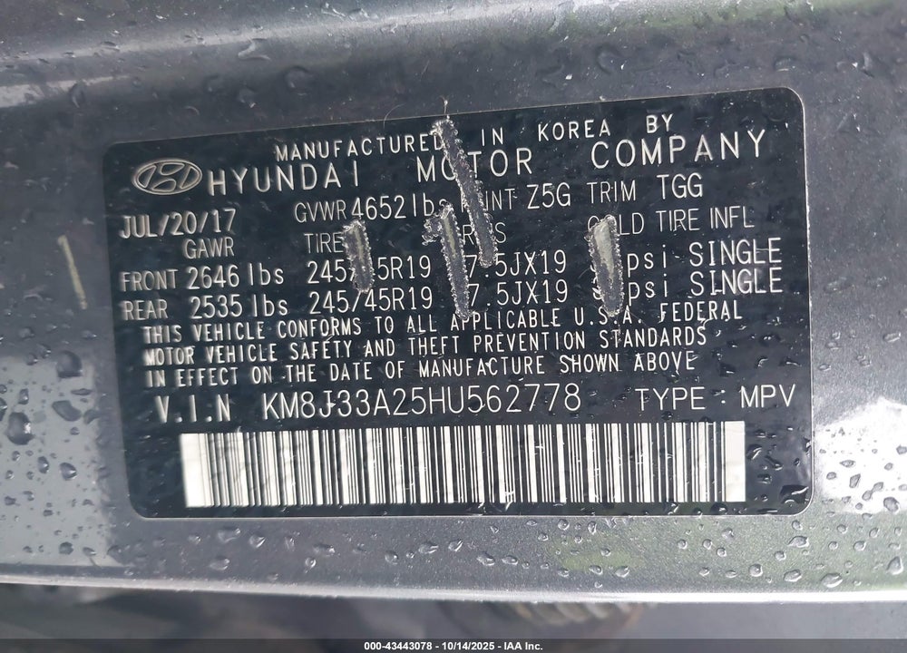 2017 HYUNDAI TUCSON VALUE VIN: KM8J33A25HU562778