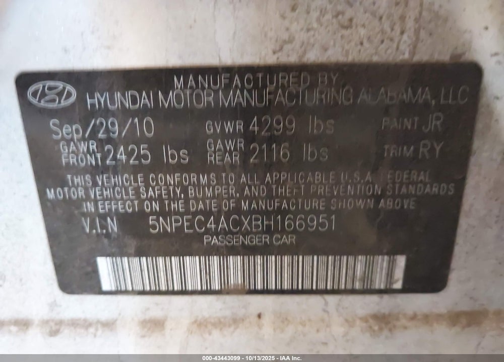 2011 HYUNDAI SONATA VIN: 5NPEC4ACXBH166951