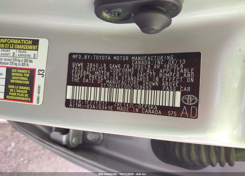 2013 TOYOTA COROLLA S VIN: 2T1BU4EE0DC109692