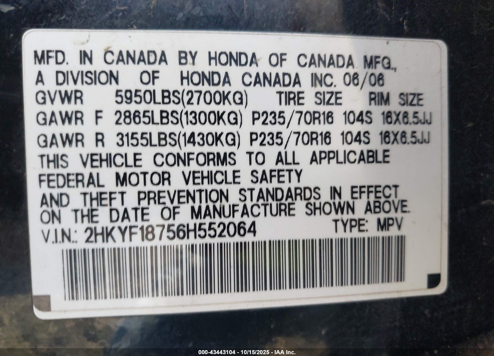 2006 HONDA PILOT EX-L VIN: 2HKYF18756H552064