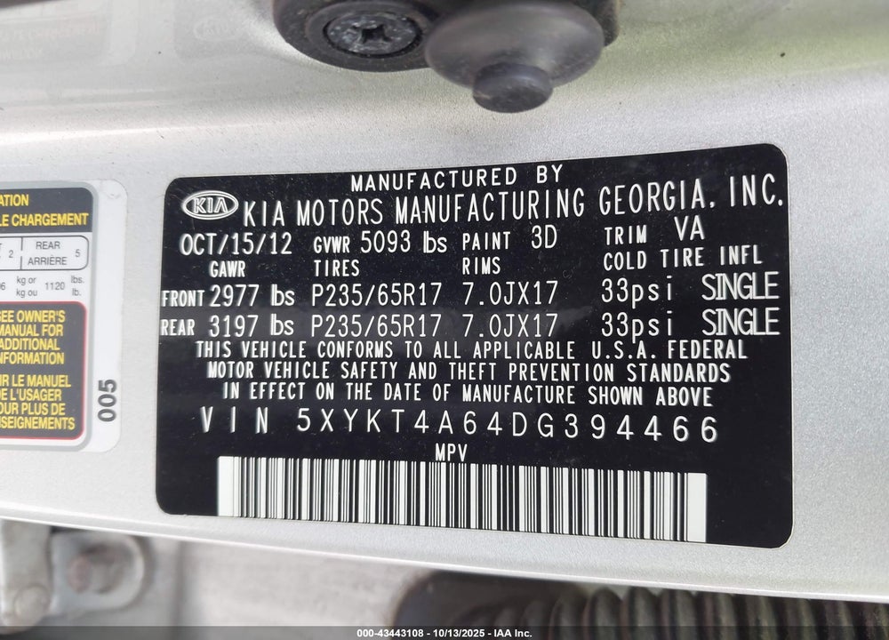 2013 KIA SORENTO VIN: 5XYKT4A64DG394466