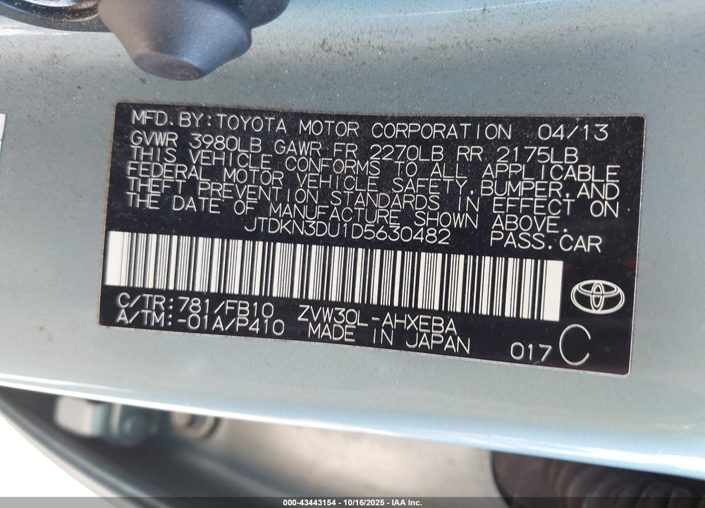 2013 TOYOTA PRIUS VIN: JTDKN3DU1D5630482