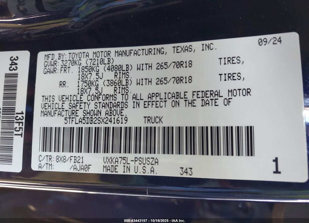 2025 TOYOTA TUNDRA SR5 4WD VIN: 5TFLA5DB2SX241619