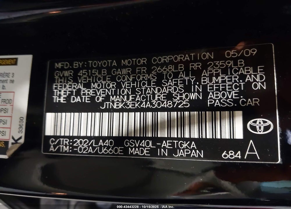 2010 TOYOTA CAMRY XLE V6 VIN: JTNBK3EK4A3048725