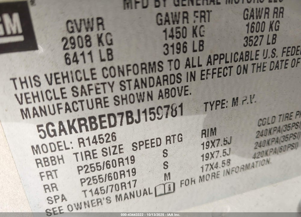 2011 BUICK ENCLAVE VIN: 5GAKRBED7BJ159781