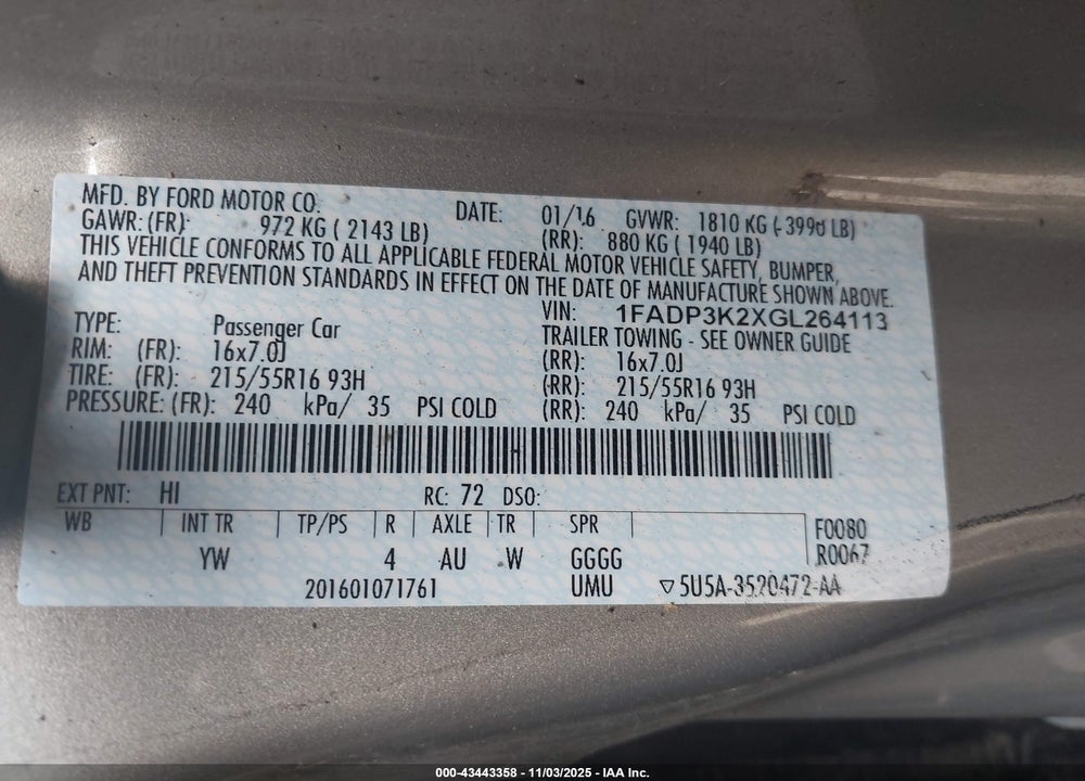 2016 FORD FOCUS VIN: 1FADP3K2XGL264113