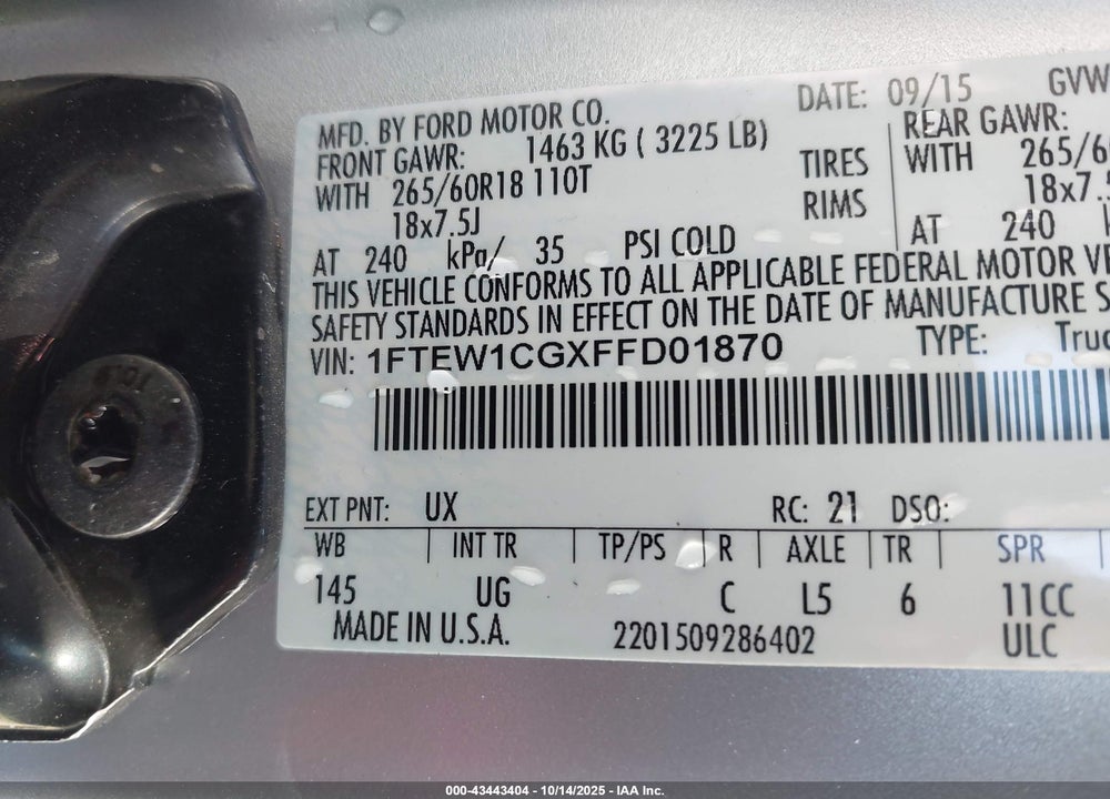 2015 FORD F-150 XLT VIN: 1FTEW1CGXFFD01870