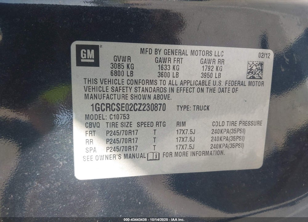 2012 CHEVROLET SILVERADO 1500 LT VIN: 1GCRCSE02CZ230870