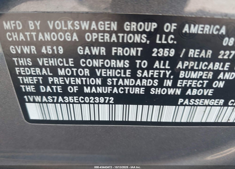 2014 VOLKSWAGEN PASSAT VIN: 1VWAS7A35EC023972