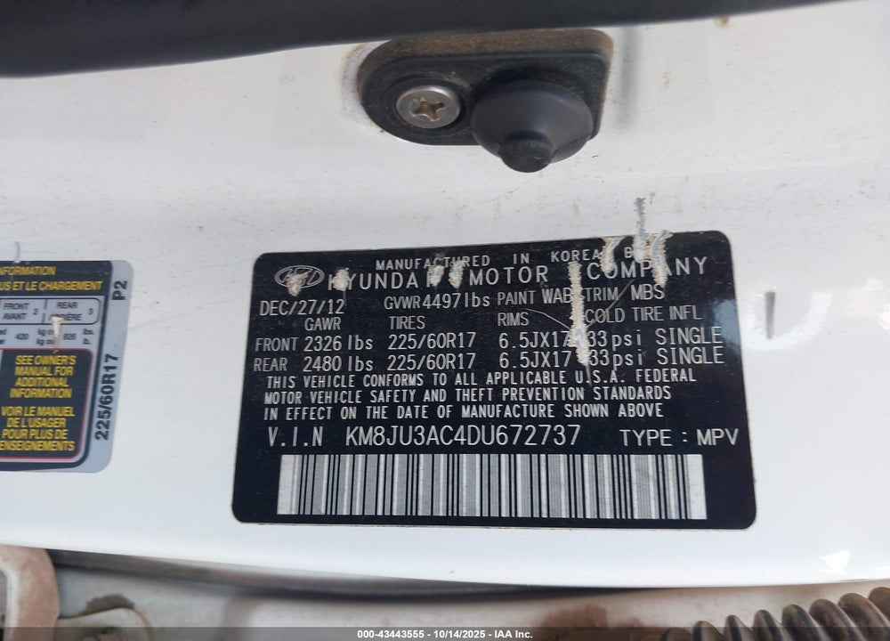 2013 HYUNDAI TUCSON VIN: KM8JU3AC4DU672737