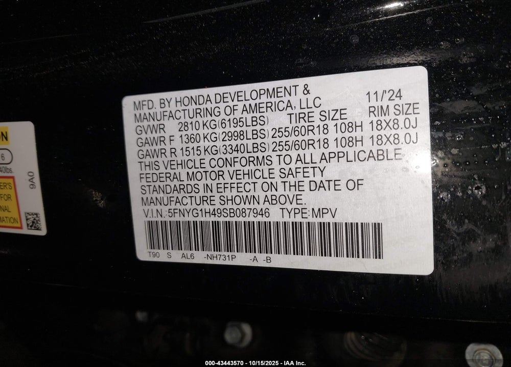 2025 HONDA PILOT EX-L VIN: 5FNYG1H49SB087946