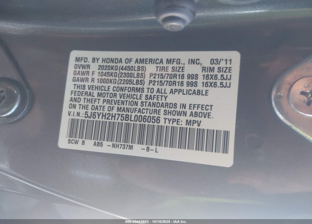 2011 HONDA ELEMENT VIN: 5J6YH2H75BL006056