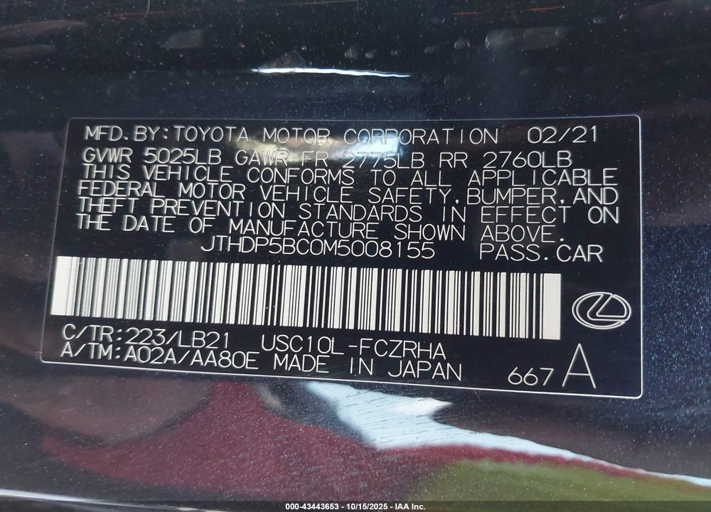 2021 LEXUS RC-F VIN: JTHDP5BC0M5008155