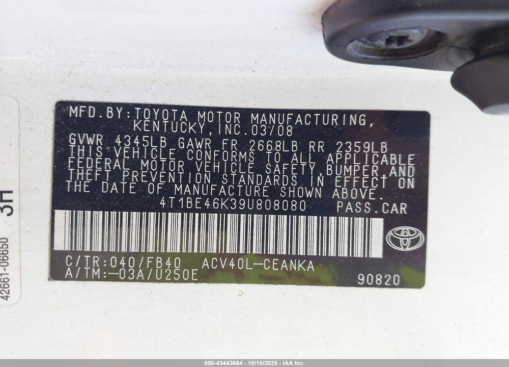 2009 TOYOTA CAMRY VIN: 4T1BE46K39U808080