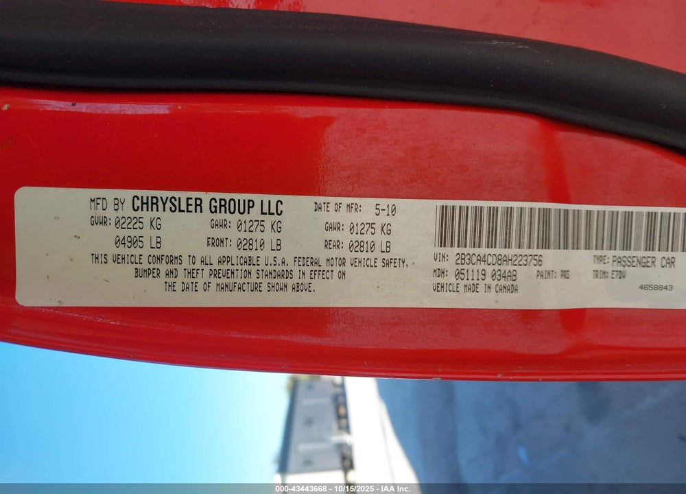 2010 DODGE CHARGER VIN: 2B3CA4CD8AH223756