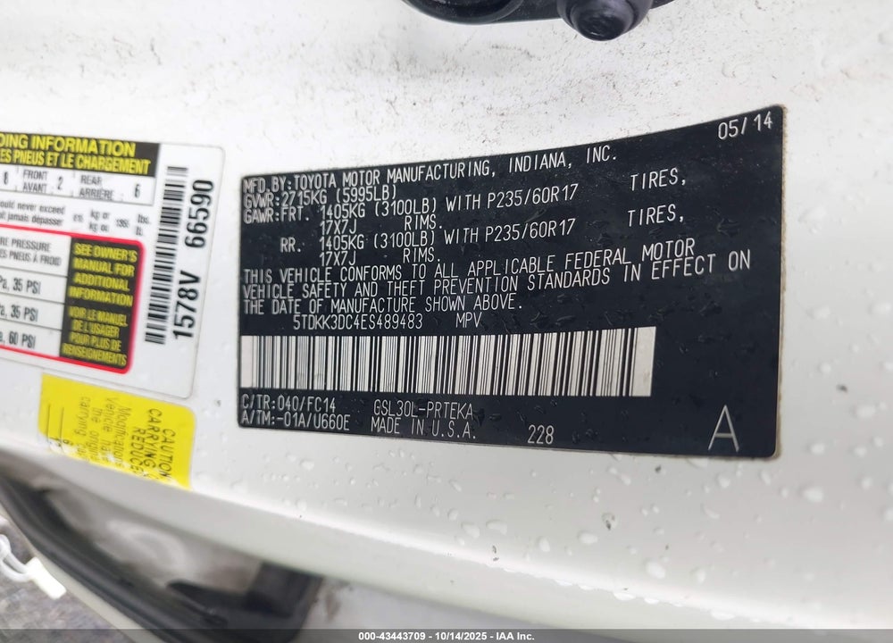 2014 TOYOTA SIENNA LE V6 8 PASSENGER VIN: 5TDKK3DC4ES489483