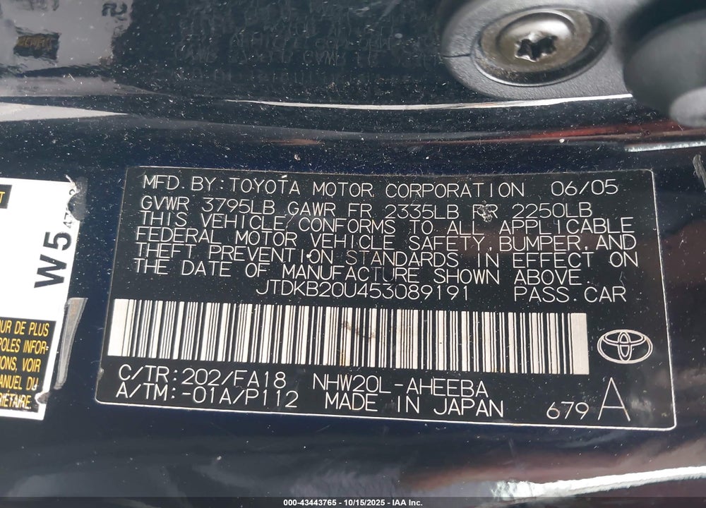 2005 TOYOTA PRIUS VIN: JTDKB20U453089191