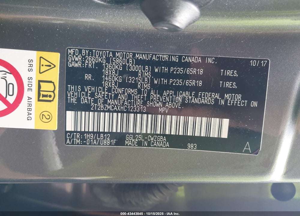 2017 LEXUS RX 350 VIN: 2T2BZMCAXHC123313