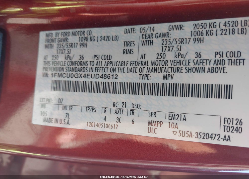 2014 FORD ESCAPE SE VIN: 1FMCU0GX4EUD48612