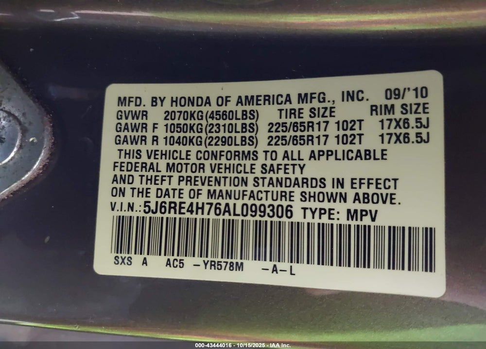 2010 HONDA CR-V VIN: 5J6RE4H76AL099306
