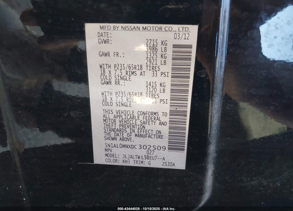 2013 INFINITI JX35 VIN: 5N1AL0MNXDC302509