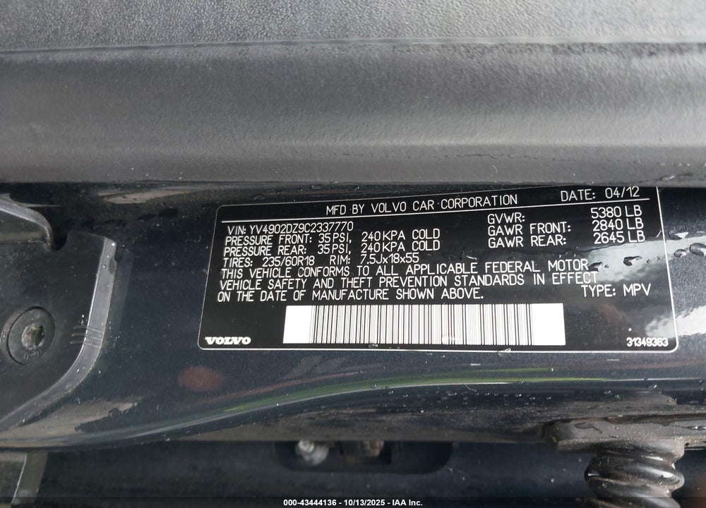 2012 VOLVO XC60 VIN: YV4902DZ9C2337770