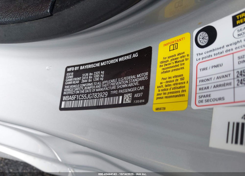 2018 BMW 6 SERIES VIN: WBA6F1C55JGT83929