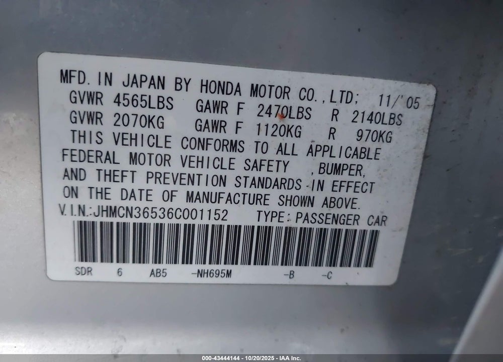 2006 HONDA ACCORD VIN: JHMCN36536C001152