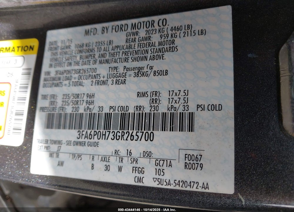 2016 FORD FUSION VIN: 3FA6P0H73GR265700