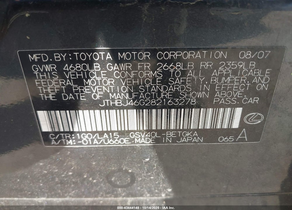 2008 LEXUS ES 350 VIN: JTHBJ46G282163278