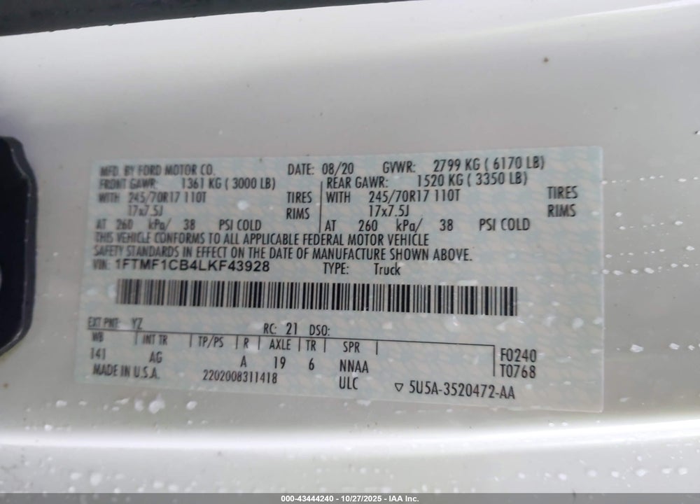 2020 FORD F-150 XL VIN: 1FTMF1CB4LKF43928