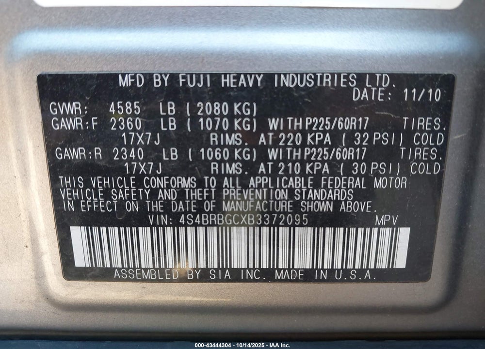 2011 SUBARU OUTBACK 2.5I PREMIUM VIN: 4S4BRBGCXB3372095