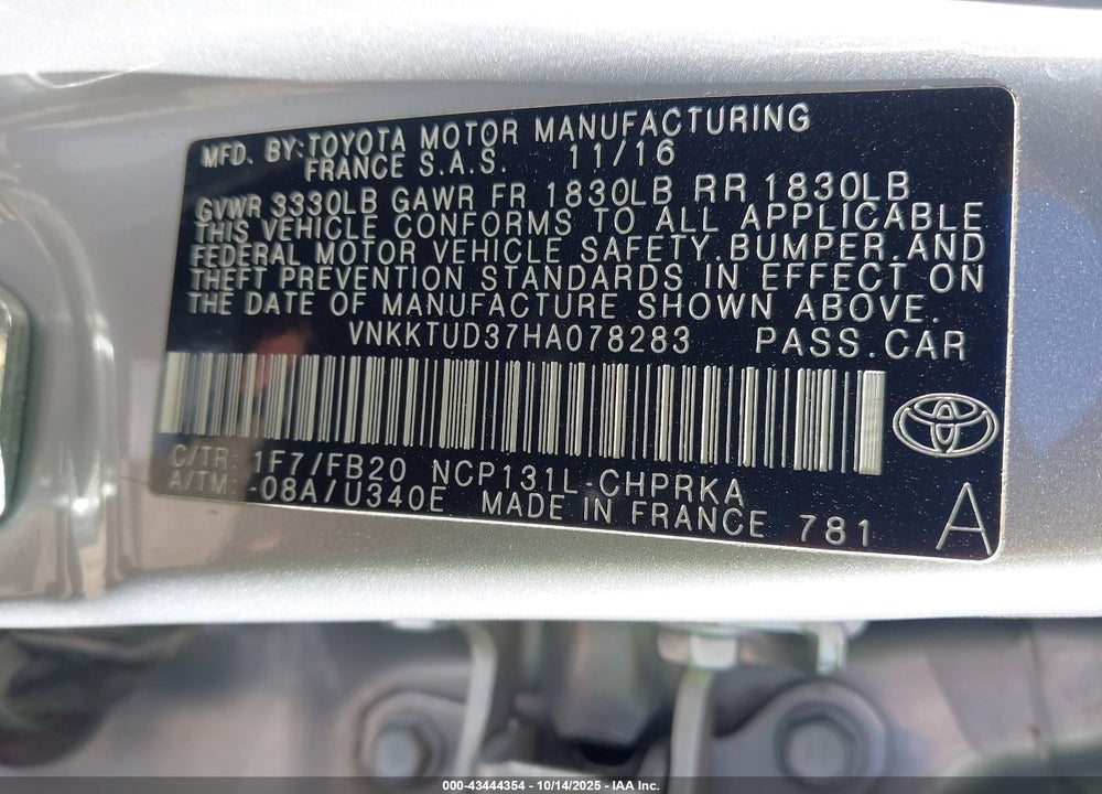 2017 TOYOTA YARIS LE VIN: VNKKTUD37HA078283