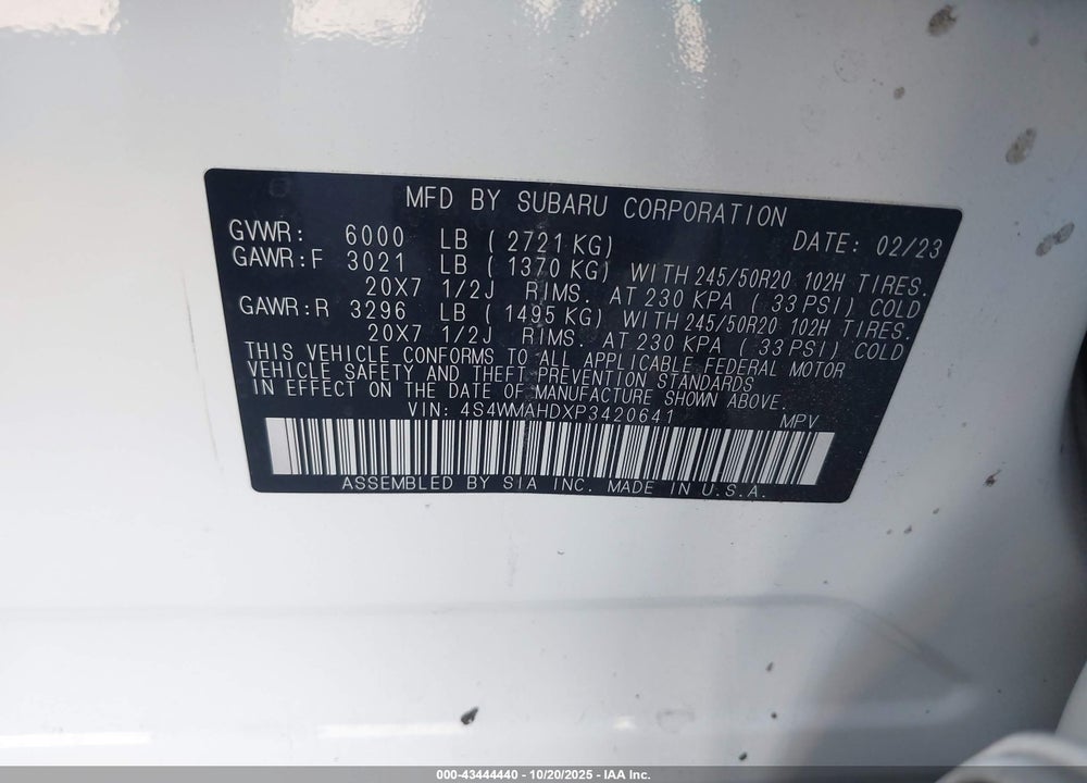 2023 SUBARU ASCENT ONYX EDITION 7-PASSENGER VIN: 4S4WMAHDXP3420641