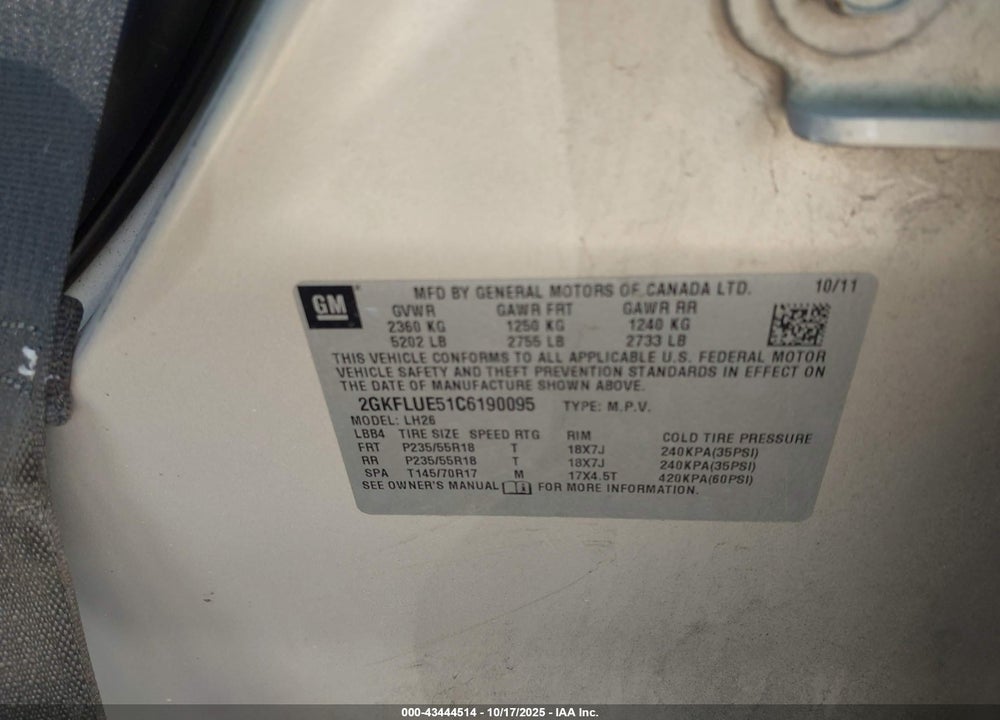 2012 GMC TERRAIN VIN: 2GKFLUE51C6190095
