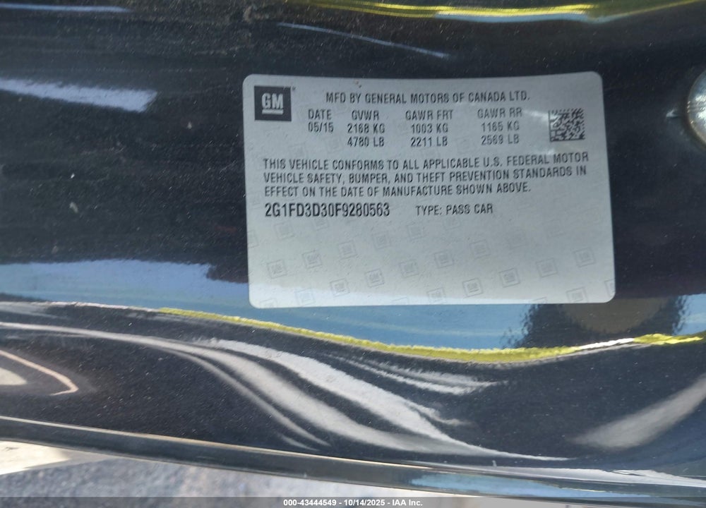 2015 CHEVROLET CAMARO VIN: 2G1FD3D30F9280563