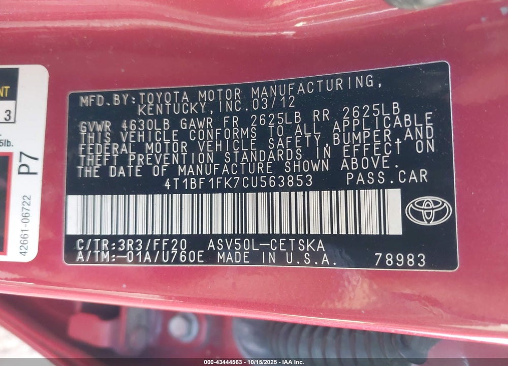 2012 TOYOTA CAMRY SE VIN: 4T1BF1FK7CU563853