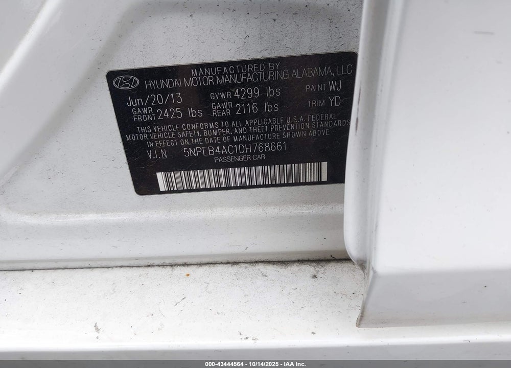 2013 HYUNDAI SONATA VIN: 5NPEB4AC1DH768661