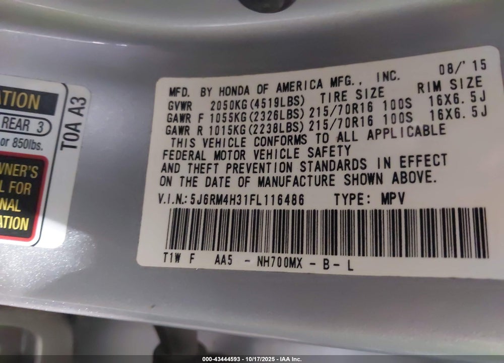 2015 HONDA CR-V LX VIN: 5J6RM4H31FL116486