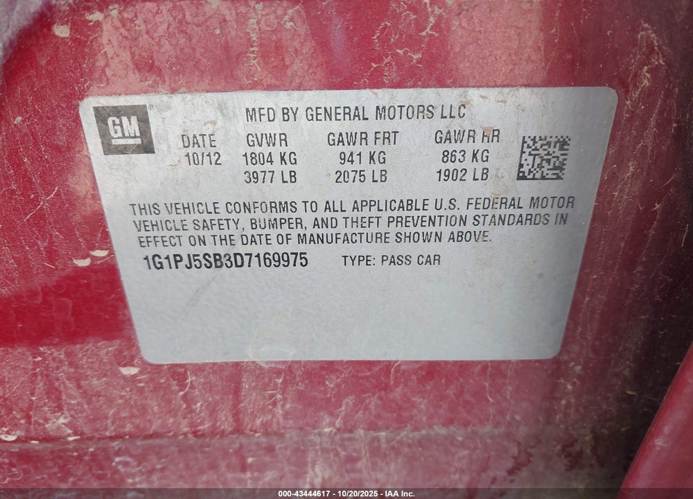 2013 CHEVROLET CRUZE VIN: 1G1PJ5SB3D7169975