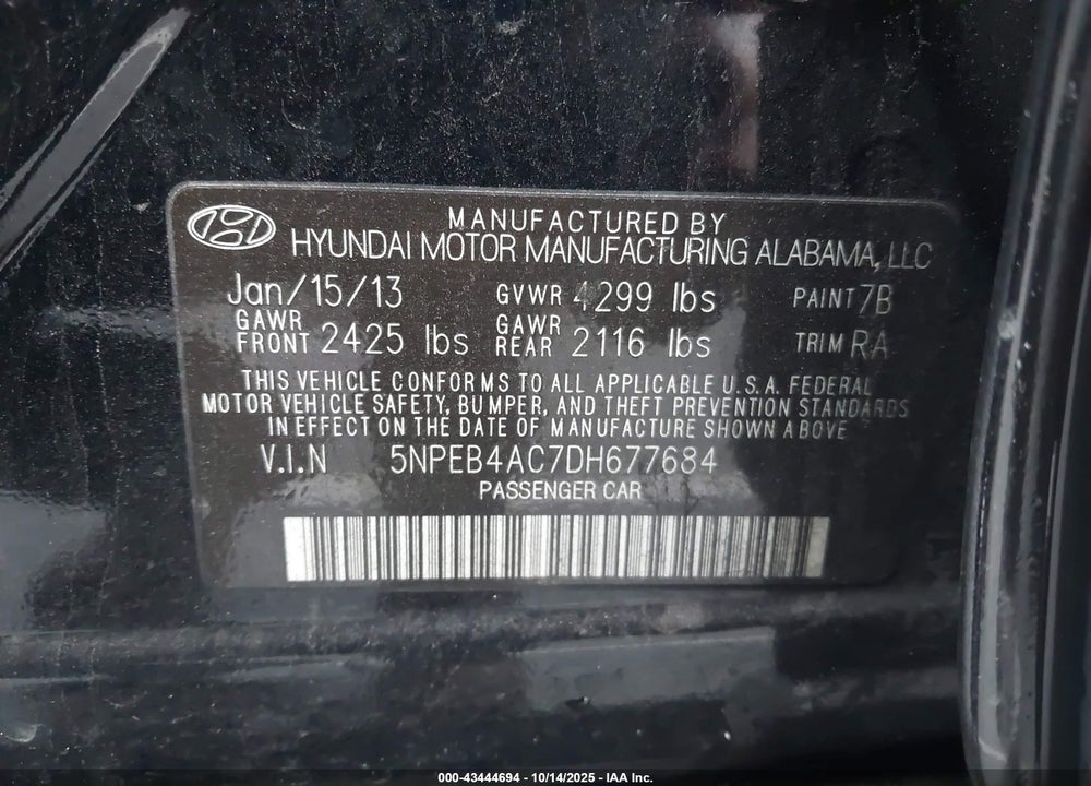 2013 HYUNDAI SONATA VIN: 5NPEB4AC7DH677684