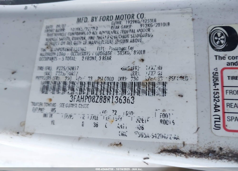 2008 FORD FUSION SEL VIN: 3FAHP08Z88R136363