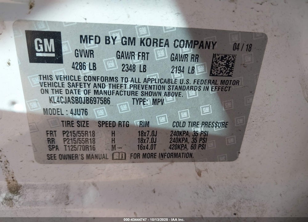 2018 BUICK ENCORE VIN: KL4CJASB0JB697586