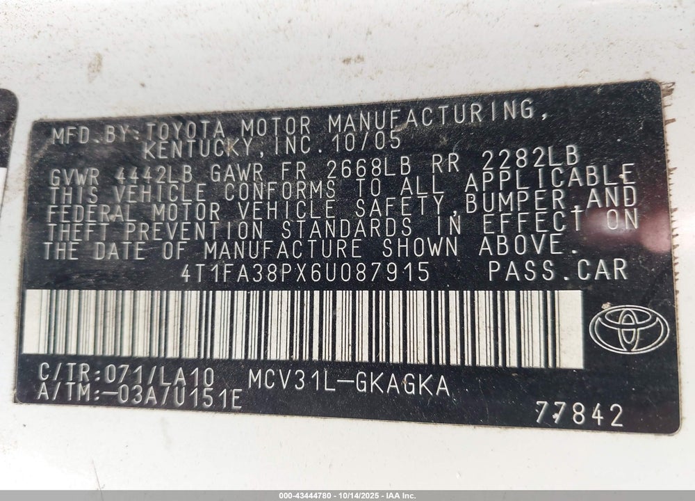 2006 TOYOTA CAMRY SOLARA SE/SLE VIN: 4T1FA38PX6U087915