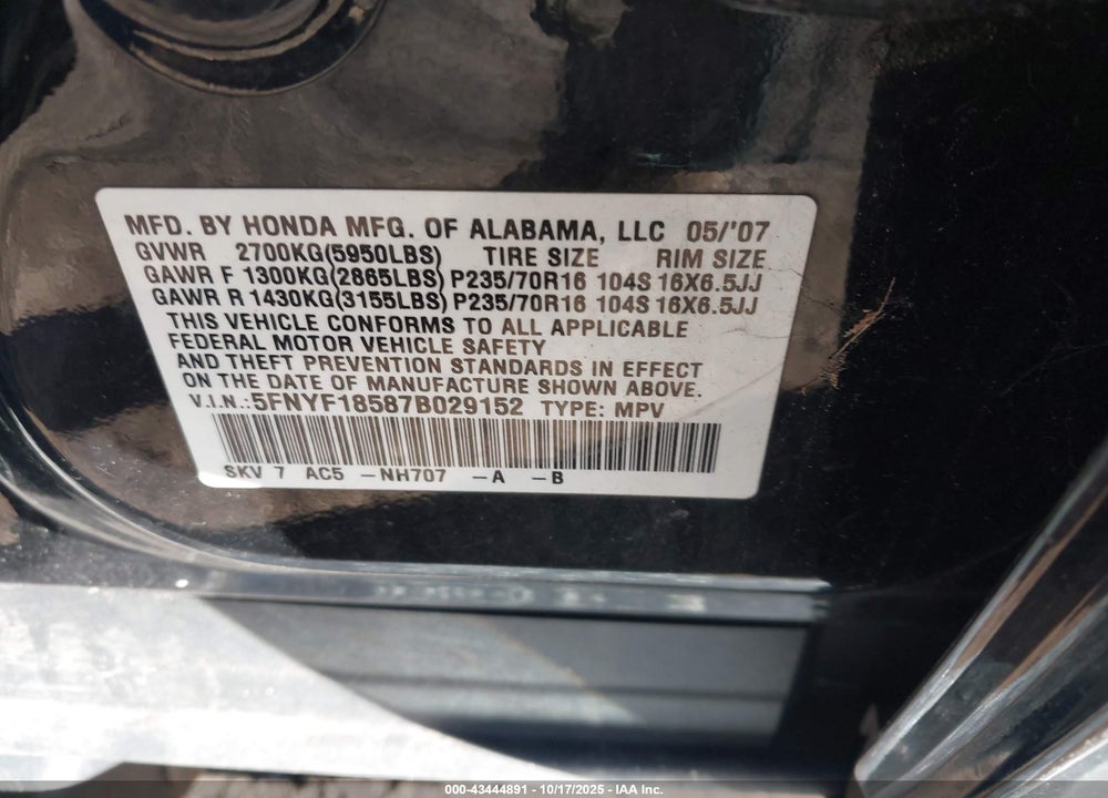 2007 HONDA PILOT EX-L VIN: 5FNYF18587B029152